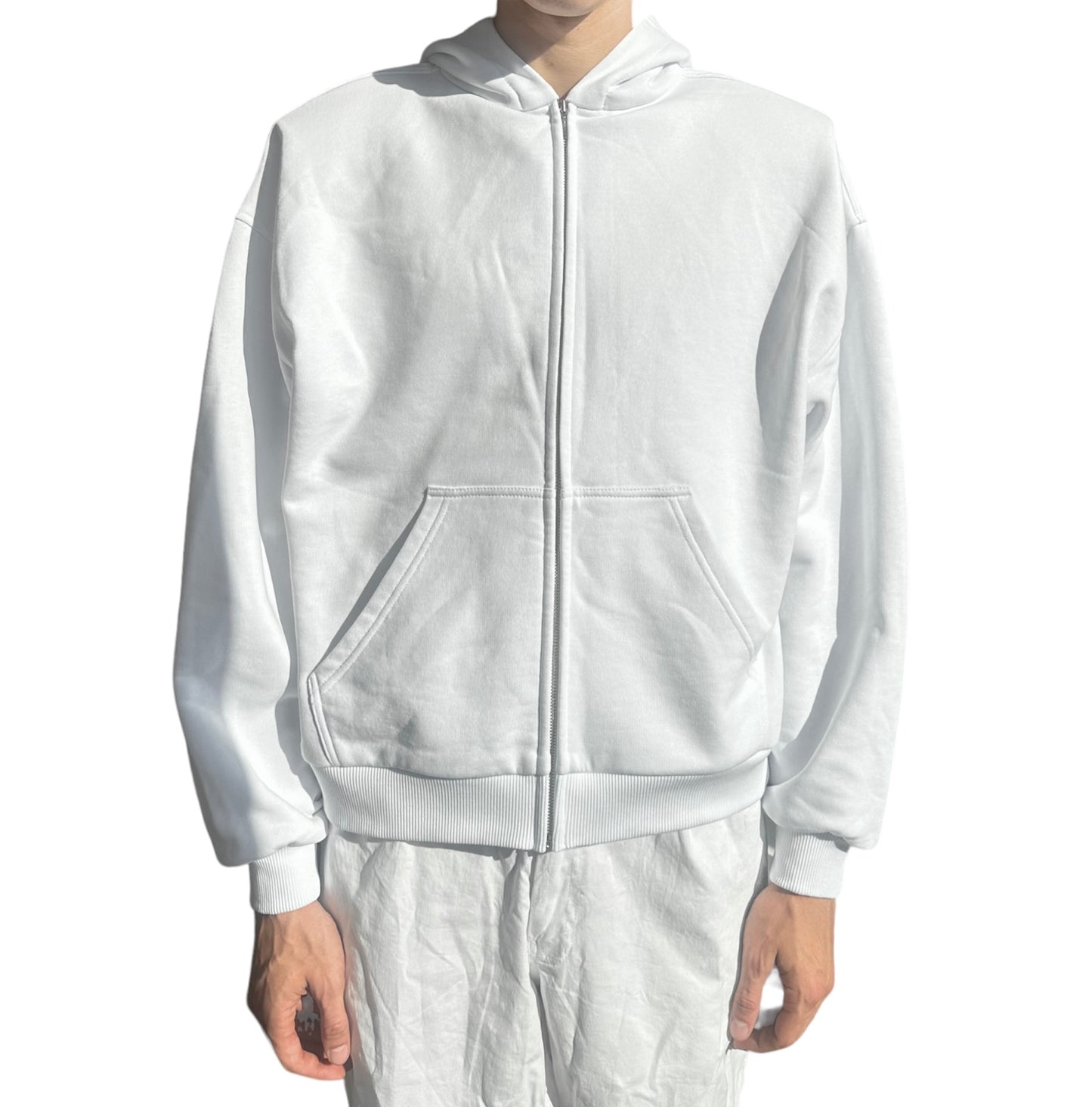 Fancy White Padded Shoulder Zip Up Hoodie