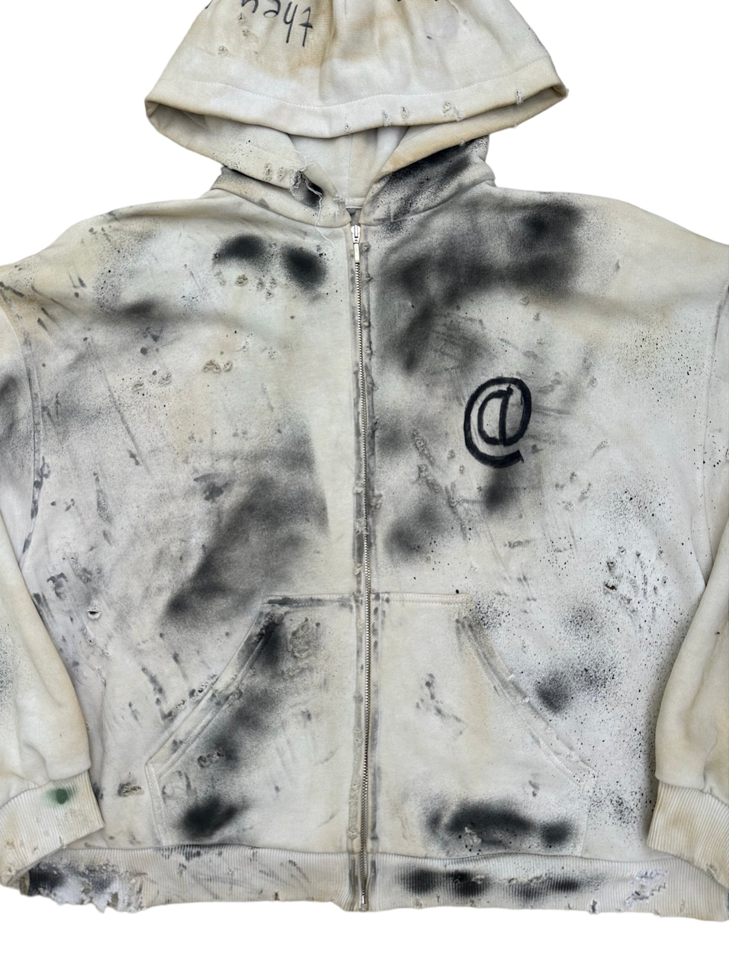 "1/1 TRASHED" Fancy White Padded Shoulder Zip Up Hoodie