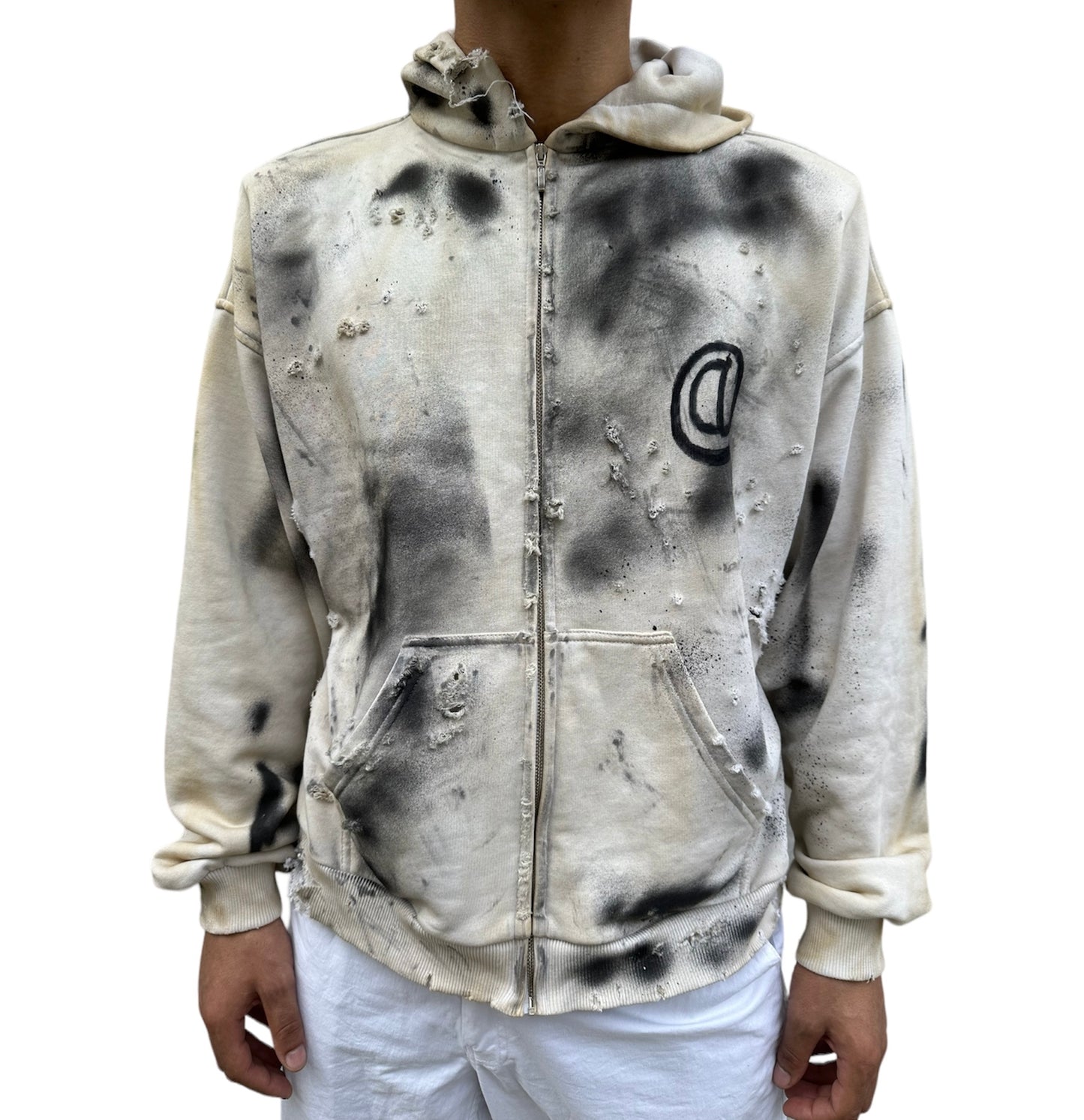 "1/1 TRASHED" Fancy White Padded Shoulder Zip Up Hoodie