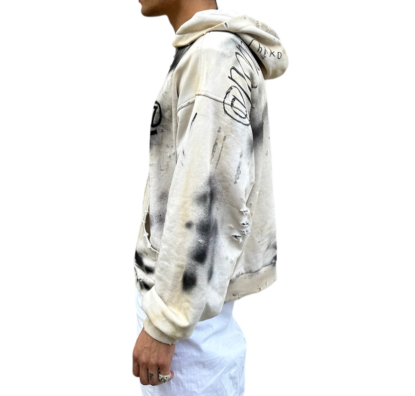 "1/1 TRASHED" Fancy White Padded Shoulder Zip Up Hoodie