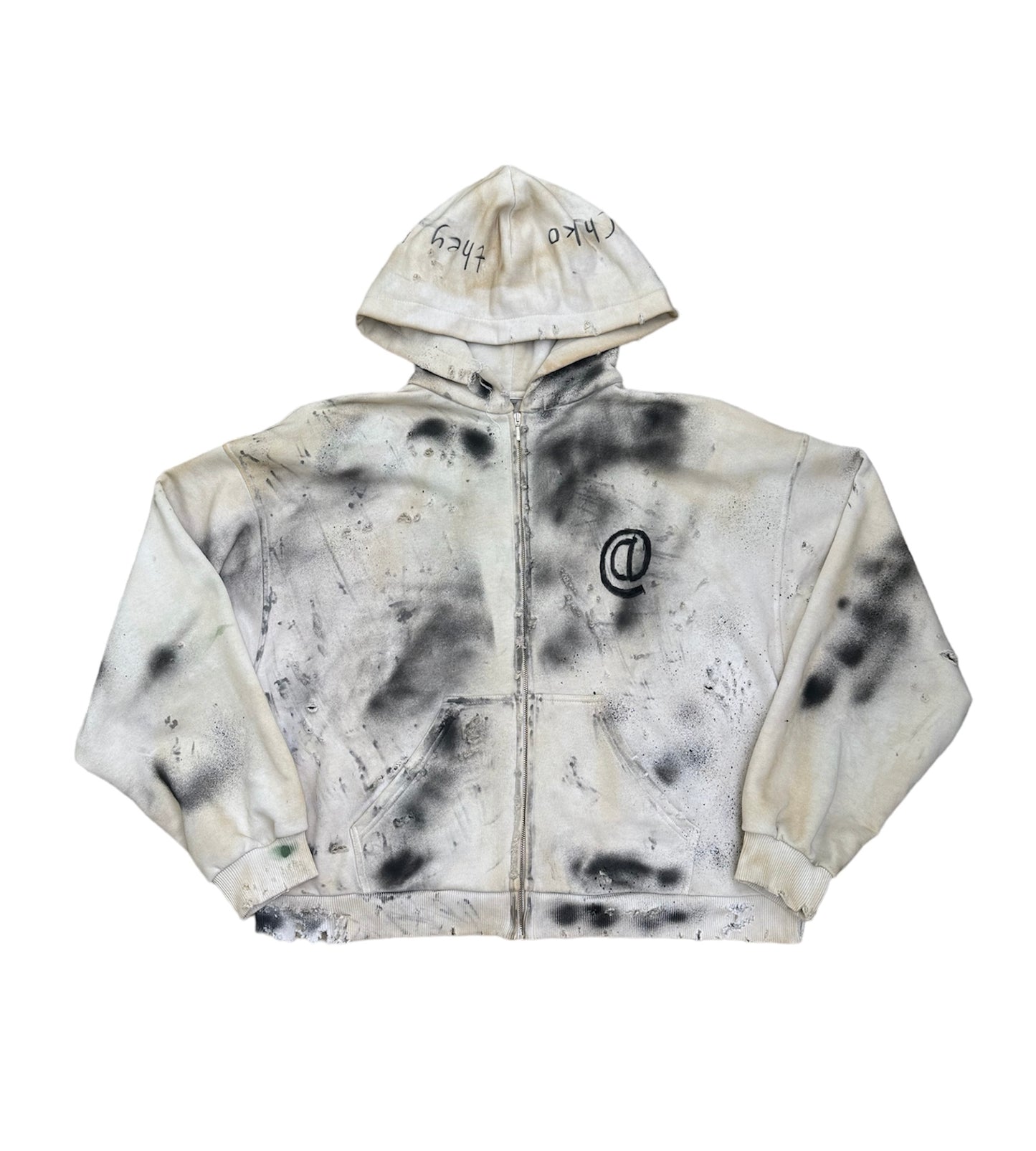 "1/1 TRASHED" Fancy White Padded Shoulder Zip Up Hoodie